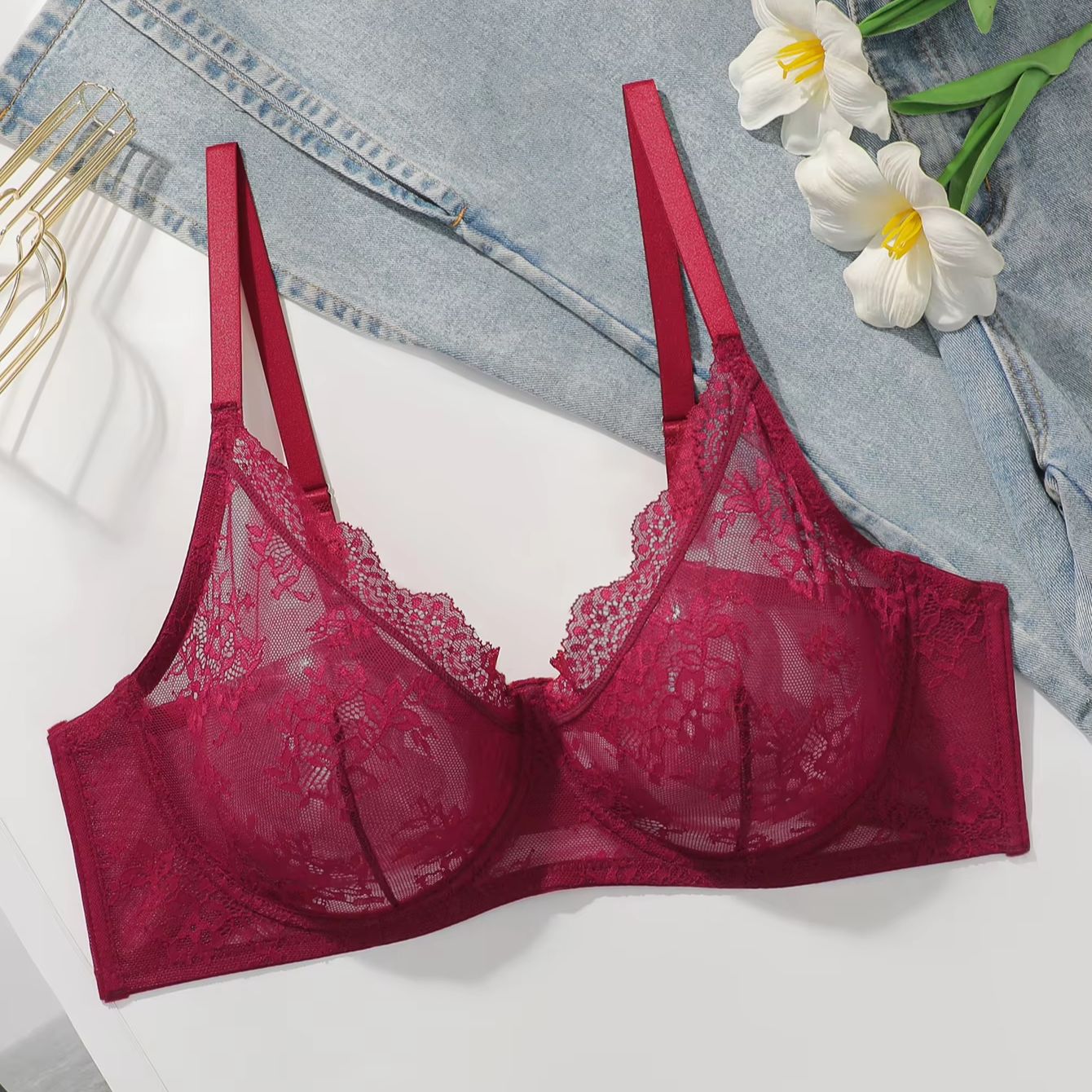 Women Plus Size Red Lace Sheer - Sheer Mesh Bra avis et prix