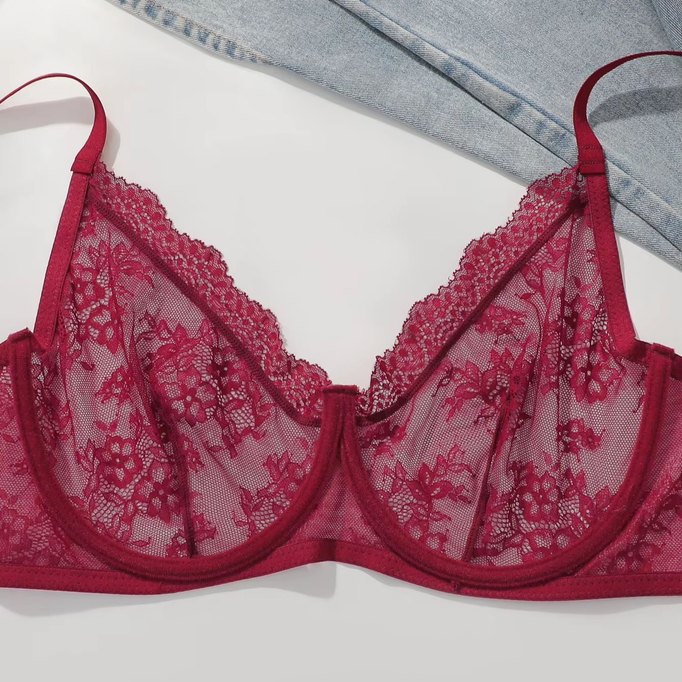 Women Plus Size Red Lace Sheer - Sheer Mesh Bra avis et prix
