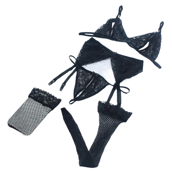 Lace Women Lingerie Set 4 Pcs  - Sheer Mesh Bra avis et prix