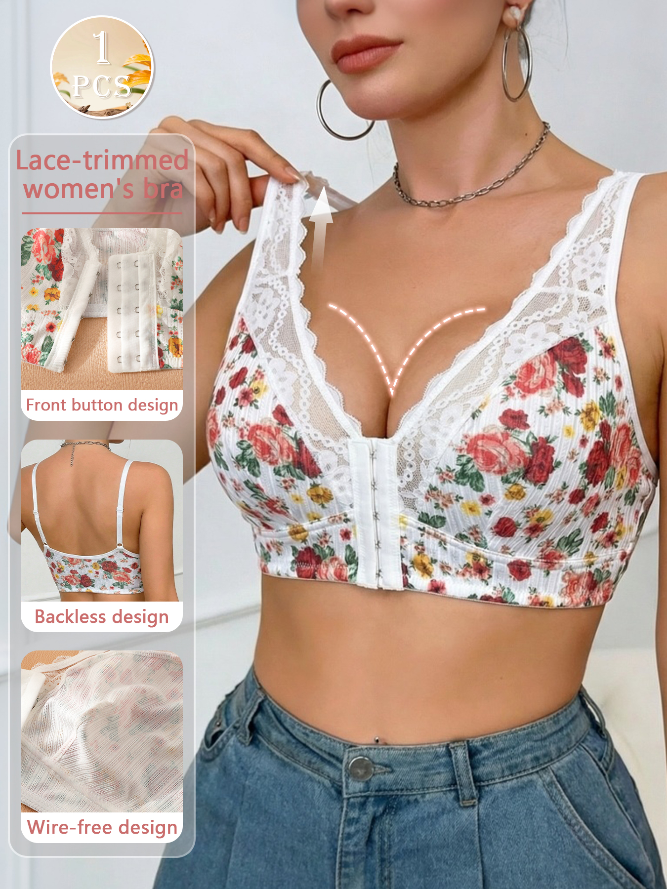 1pc Women's Floral Print Wirel - Wirefree Bra Comfort avis et prix